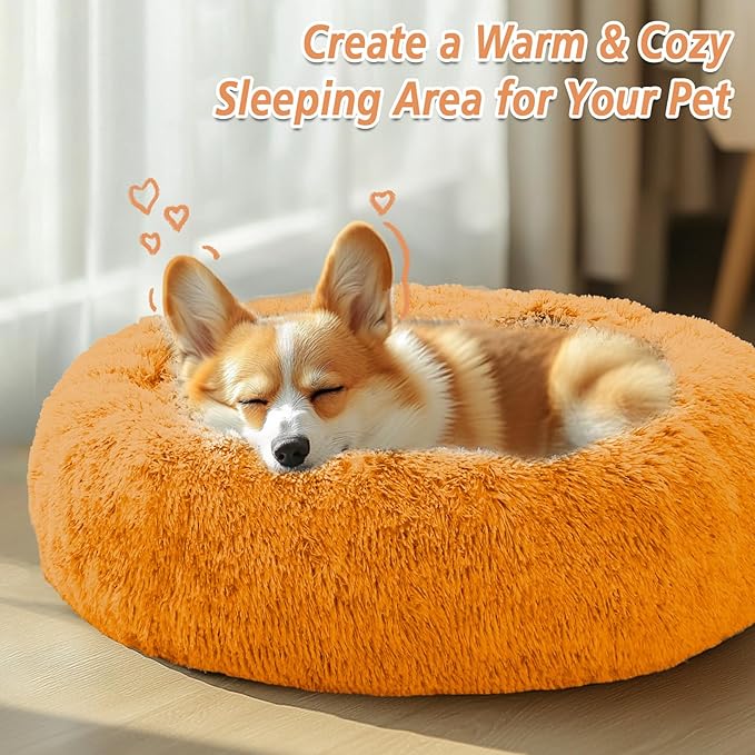 JOLLYVOGUE Calming Dog & Cat Bed for Small Dogs, Anti-Anxiety Donut Cuddler Cozy Soft Round Bed with Anti-Slip Bottom, Fluffy Faux Fur Plush Cushion Beds for Small Medium Pets (20")