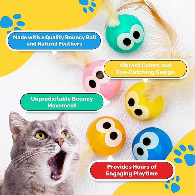 Bouncy Tails 5 Pack Interactive Bouncy Ball with Natural Feathers for Indoor Cats and Kittens who Love to Play and Have Fun.