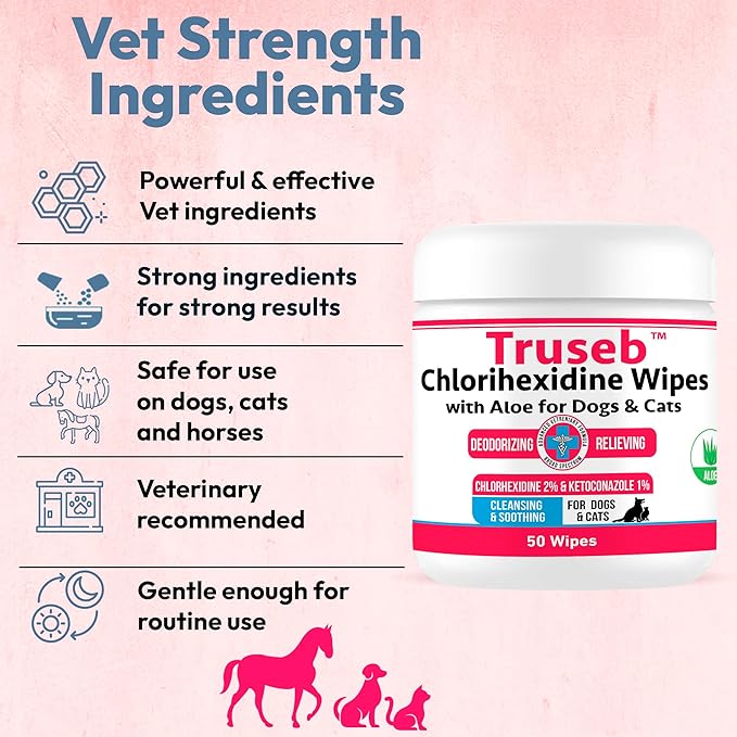 Truseb Topical Ketoconazole and Chlorhexidine Wipes for Dogs, Cats and Horses - with Aloe for Cleansing - 50 Count (Ketoconazole & Chlorhexidine Wipes, 50 Count)