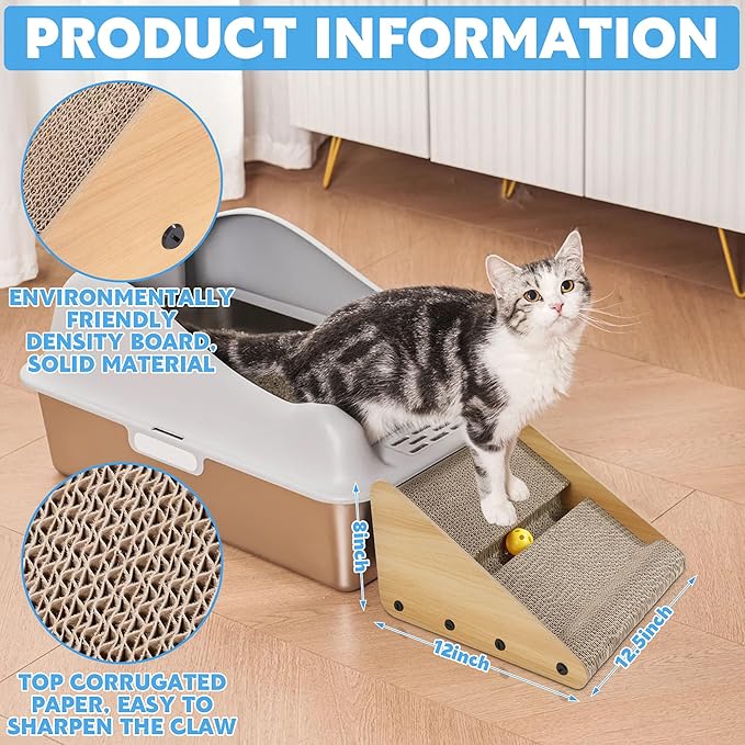 ROYALAY Litter Box Ramp for Elder Cats & Kitten,Corrugated Paper Cat Scratcher Post, Cat Scratching Board with a Ball for Control Cat Litter Suitable for the Second Generation Automatic Cat Litter Box