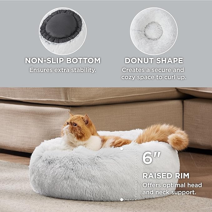 Bedsure Calming Cat Beds for Indoor Cats - Small Cat Bed Washable 20 inches, Anti-Slip Round Fluffy Plush Faux Fur Pet Bed, Fits up to 15 lbs Pets, Frost Grey