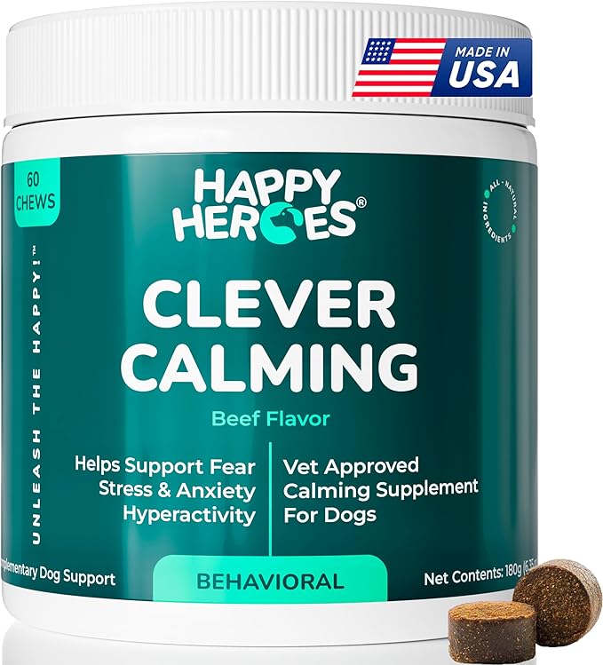 Clever Calming Chews for Dogs, 100% Natural Dog Supplement, For Anxiety Relief, Helps Stress, Fear, Hyperactivity, Reactivity, Beef Flavor Calming Dog Treats, Made in USA, 60 Soft Chews