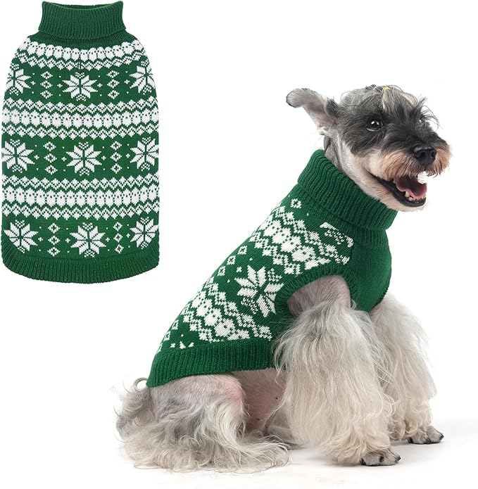KOOLTAIL Cable Knit Dog Sweater Turtleneck, Cold Weather Pullover Classic Knitwear, Snowflake Pattern Thick Warm Winter Pet Clothes, Dog Christmas Sweater for Small Medium Large Dogs Cats,Green ML