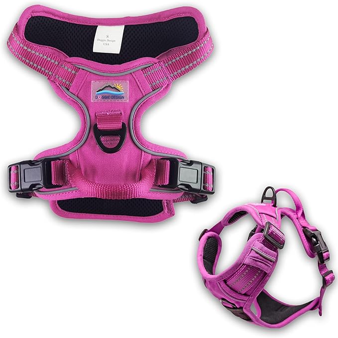 Doggie Design Venture Paw No Pull Dog Harness - Simple Adjustable Puppy Harness - Anti Pull Dog Collar for Walks and Outdoor Adventures - Wild Raspberry, M