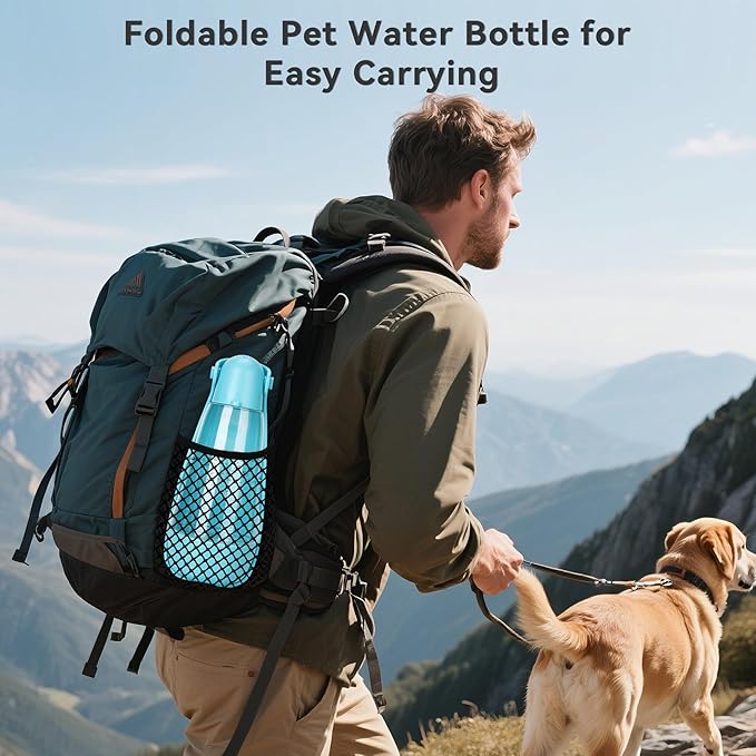 UPSKY Dog Water Bottle | Portable & Foldable Dog Water Bottle | 3-in-1 Portable Pet Water Dispenser with Food Container & Poop Scooper for Outdoor Walking, Hiking & Travel,14.2oz(Blue)