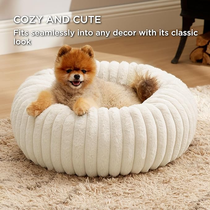 Bedsure Donut Small Dog Bed - Dog Beds for Small Dogs with Corduroy Fleece & Anti Slip Bottom, Round Faux Fur Pet Beds with Washable Removable Cover, Cream, 23x23x8 inches