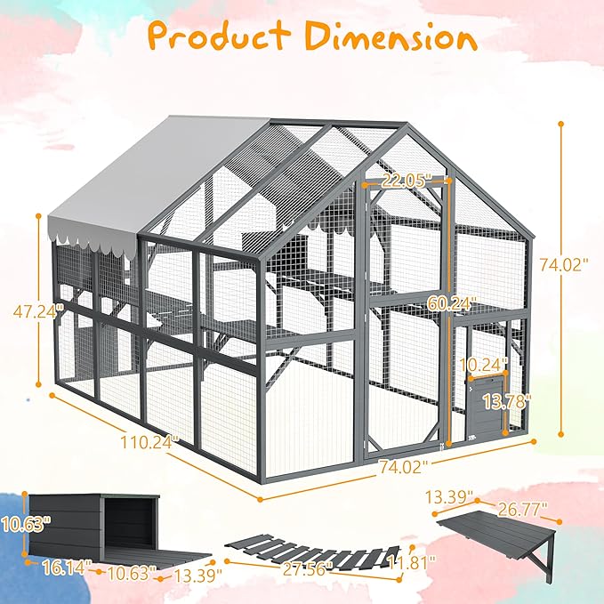 110" Wide Catio Enclosure,Wooden Outdoor Cat Catio - XL Walk-in w/60 Human Door, 2 Suspension Bridges & 5 Platforms | Weatherproof Oxford Roof & Safety Latches,(Gray)