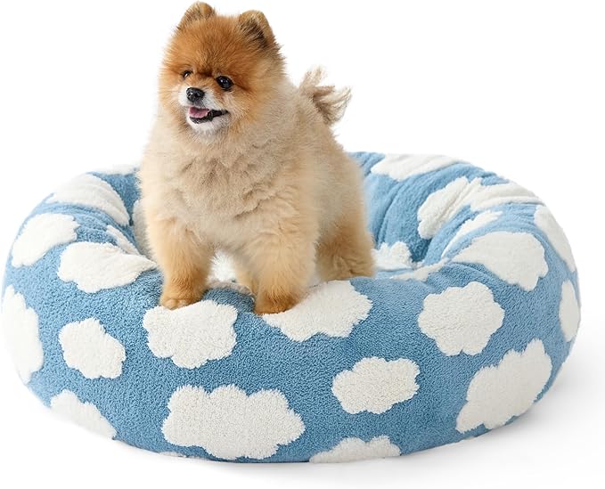 LE SURE Donut Small Dog Bed - Round Cat Beds for Indoor Cats Calming Pet Beds, Cute Modern Beds with Jacquard Shaggy Plush & Anti Slip Bottom, 27 Inch, Blue
