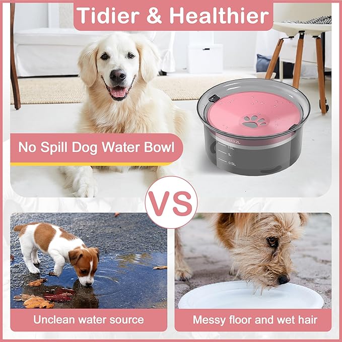 2L Dog Water Bowl Large Capacity Slow Water Feeder, No Spill Dog Bowl Splash Proof Pet Water Dispenser,Vehicle Carried Travel Water Floating Bowl for Dogs/Cats/Pets (Pink)