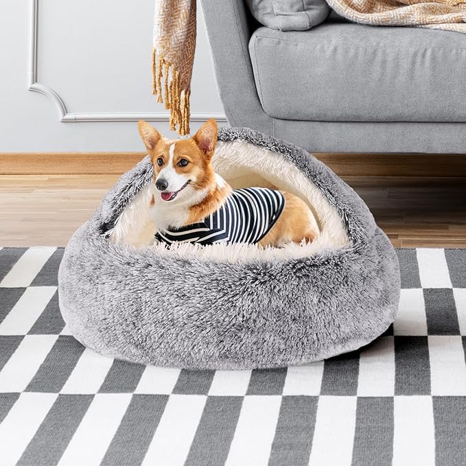 Round Hooded Cat Bed & Dog Bed with Cover Cave, Dog Bed for Small Dogs, Faux Fur Cuddler Round Coved Cat Bed Self Warming Donut Dog Bed Fits up to 5 lbs Pets (Gray, 16inch x 16inch)