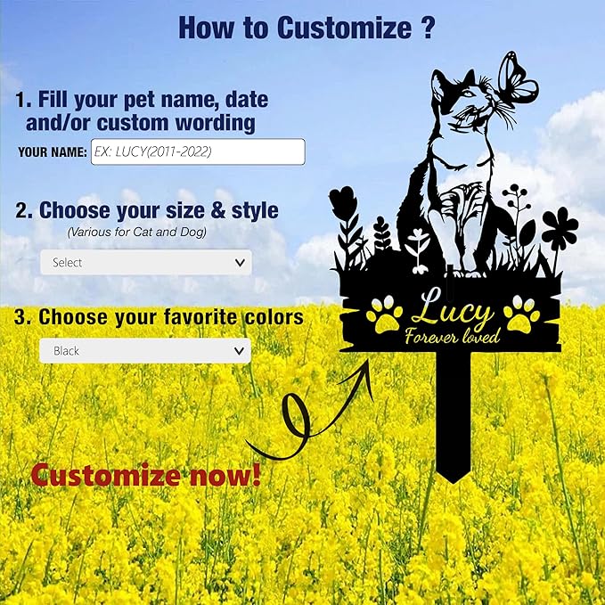 Custom Cat Memorial Grave Marker Stake Personalized Cat Memorial Garden Stake Pet Loss Sympathy Gift Outdoor Memorial Engraved Sign Cat Headstones Metal Sign Pet Plaque Yard Stake