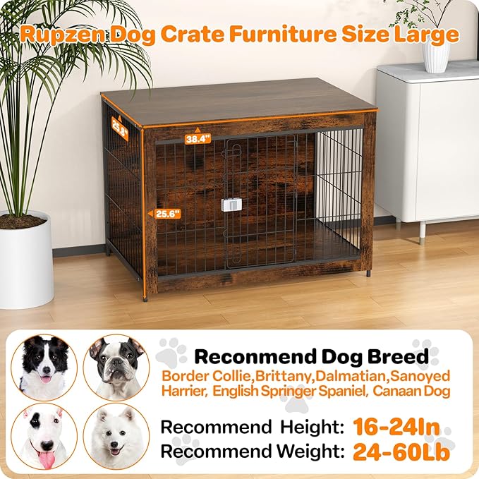 Dog Crate Furniture, Wooden Dog Crate 38in, Decorative Cage with End Table for Dog Indoor Kennel, High Anxiety Dog, Escape-Proof Locks for All Breeds