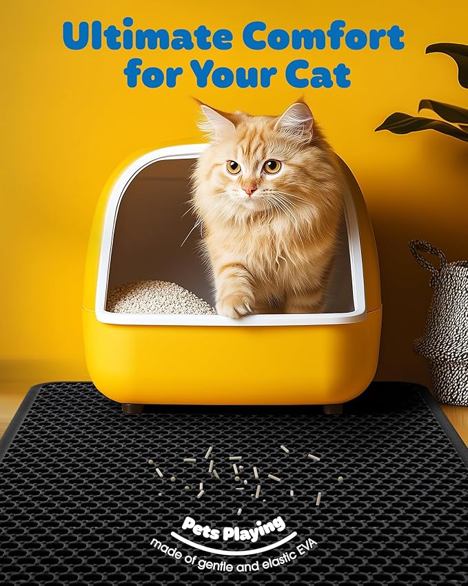 27" x 19" Cat Litter Mat - Ultra-Large Litter Box Mat with Double Layers, Urine-Proof and Non-Slip Litter Trapping Mat, Easy to Clean Kitty Litter Mats for Floor, Scatter Control, Black