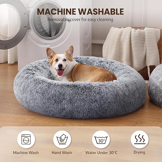 Donut Dog Bed Medium Size Dog, Round Cat Beds for Small Medium Dogs and Cats with Washable Fluffy Faux Fur, Cute Comfort Pet Bed with Anti-Slip Bottom, Grey, 36"