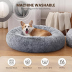 Donut Dog Bed Medium Size Dog, Round Cat Beds for Small Medium Dogs and Cats with Washable Fluffy Faux Fur, Cute Comfort Pet Bed with Anti-Slip Bottom, Grey, 36"