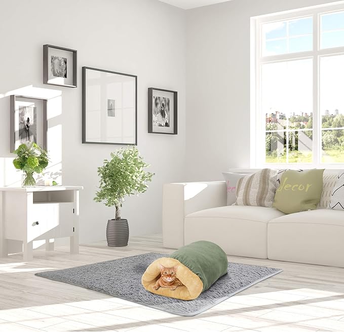 4 in 1 Self Warming Burrow Cat Bed, Pet Hideway Sleeping Cuddle Cave (Sage Green)