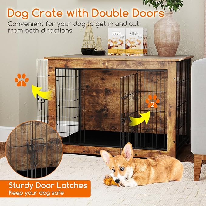PETSITE Dog Crate Furniture for Medium/Large Dogs, 39" Indoor Pet House Side End Table w/Cushion, Double Doors, Heavy-Duty Chew-Resistant Wood Metal Dog Kennel up to 70 LBS (39 x 26 x 27 Inches)