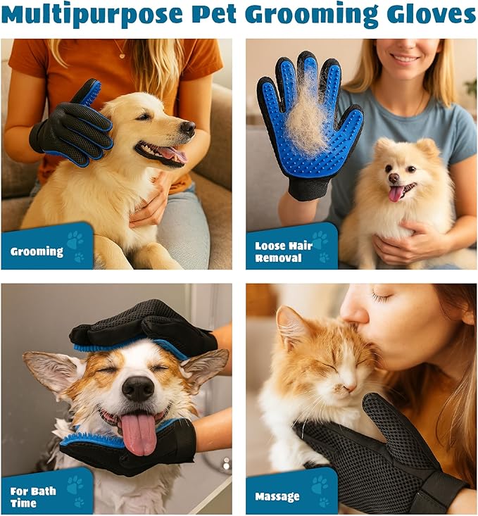 Cat & Dog Grooming Gloves for Shedding – Efficient Pet Grooming Gloves 2-in-1 Deshedding Brush & Massage Mitt | Perfect for Long and Short Hair (1 Pair)