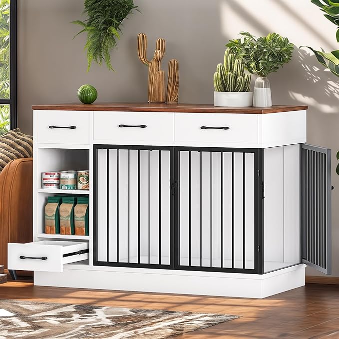 47.2" Large Dog Crate Furniture with 3 Storage Drawers & Hidden Bowl - Wooden Indoor Dog Kennel with Adjustable Shelf, 2 Doors for Small/Medium Dogs, Multi-Functional Pet Cage Furniture