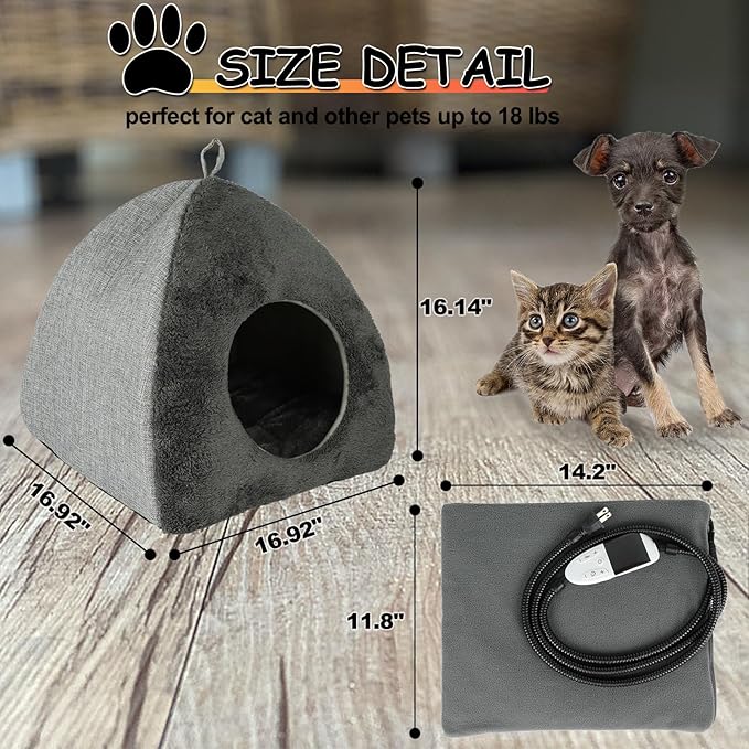 Heated Cat Bed Cave, Adjustable Temperature Heated Pet Bed Indoor with Timer, Cat Cave Bed Cat House with Washable Cushioned Pillow and Chew Resistant Cord Update for Indoor