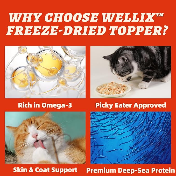 Wellix Dog & Cat Food Topper - Antarctic Krill Treats Freeze Dried Egg Yolk&Chicken Flavor Low Calorie - Cognitive and Skin & Coat Support - Healthy Cat Treats for Indoor Cats