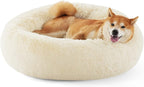 Bedsure Calming Dog Bed for Medium Dogs - Donut Washable Medium Pet Bed, Anti-Slip Round Fluffy Plush Faux Fur Cat Bed, Fits up to 45 lbs Pets, Cream, 30 inches