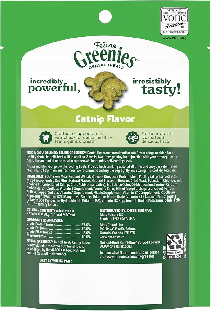 Greenies Feline Veterinarian-Recommended Adult Natural Dental Cat Treats, Catnip Flavor, 2.1 oz. Pouch