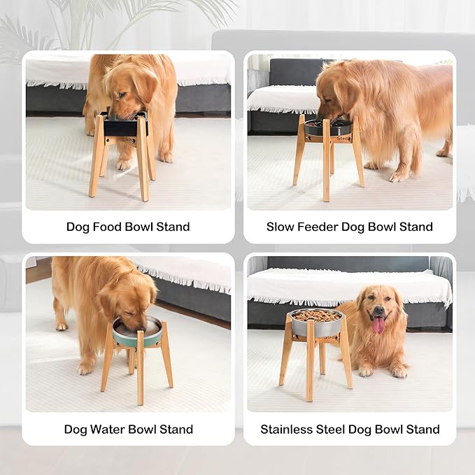 Sted Locking Elevated Dog Bowl Stand for Large Dogs, Adjustable Width 6.5-8.5 Inches Raised Dog Bowl Stand, 8.5" Tall Dog Food Bowl Holder, Bamboo Dog Slow Feeder Stand