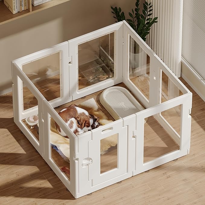 Clear Acrylic Dog Playpen Indoor, Puppy Cat Small Pet Play Pen, Easy Assemble & Disassemble Sturdy Plastic Dog Fence with Heavy Duty Door Lock (24In H, 8PCS), White