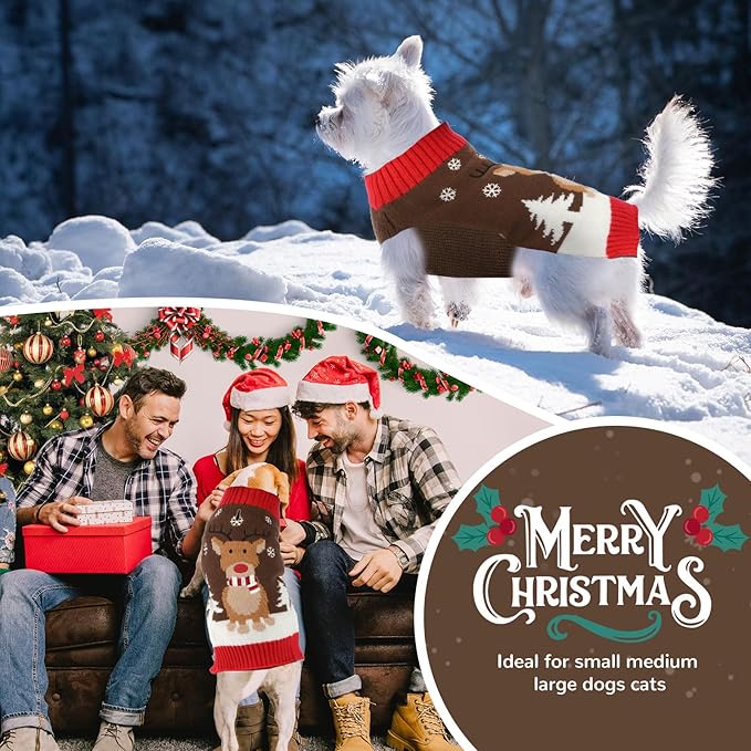 PETCARE Brown Reindeer Dog Sweater Christmas Vest Ugly Snow Xmas Puppy Costume Pet Holiday Warm Fall Winter Clothes for Small Medium Large Dogs Cats Pullover Sweaters Outfits