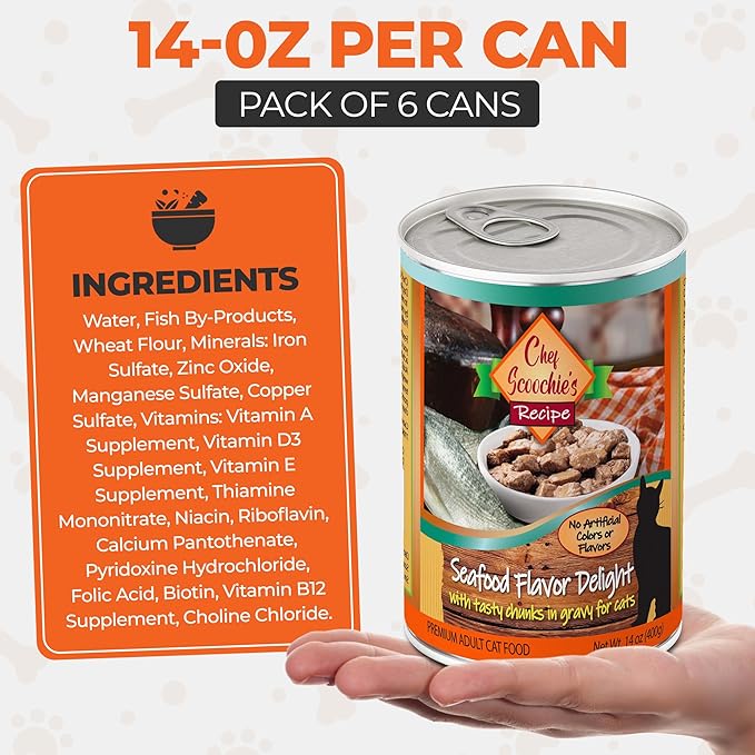 Chef Scoochie's Tender Seafood Chunks in Gravy Wet Cat Food - Easy Open Pop-Top Cans - Protein & Essential Nutrients - Gourmet Meal for Indoor & Outdoor Cats 12 Cans (14 oz e.)
