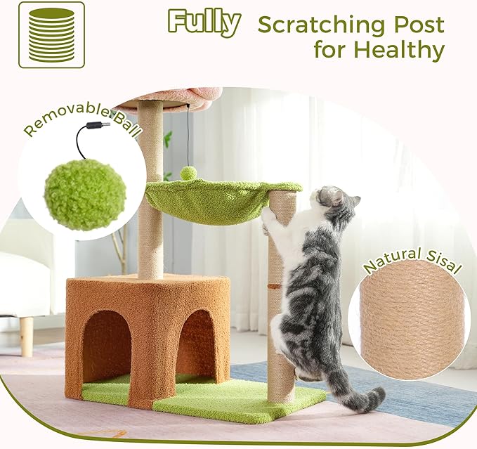 Flower Cat Tree 34 Inches Scratching Post Small Cat Tower for Large Cats, with 15.7”Large Hammock, Removable Top Bed and Wide Condo for Indoor Cats-Forest Brown