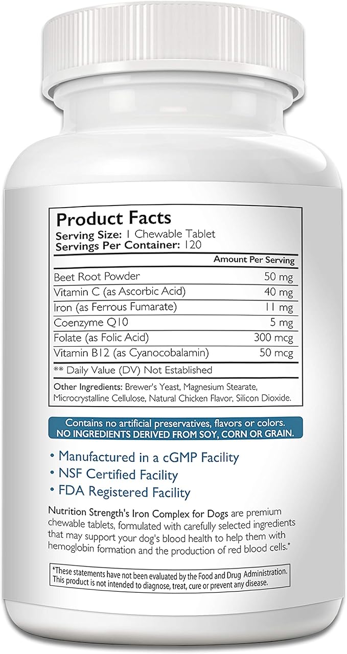 Iron for Dogs with Anemia to Support Blood Health, Blood Cell Formation & Oxygen Supply, Iron Supplement for Anemic Dogs + Vitamin C, Folate, Vitamin B12, 120 Chewable Tablets