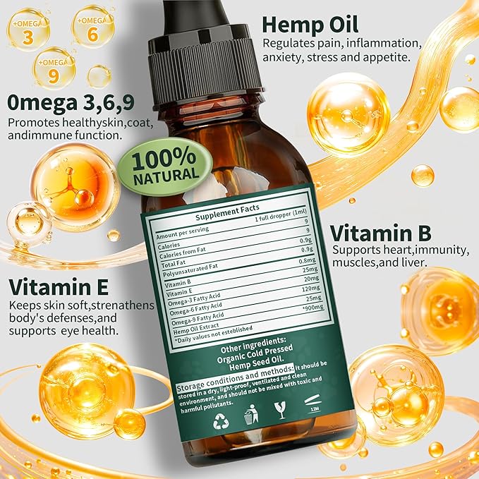 Hemp Oil for Dogs & Cats, Anxiety & Stress Relief Drops with Omega 3-6-9,Hemp Oil Helps with Pain, Stress, Sleep, Arthritis, Seizures Support, Calming Pet Supplement for Small & Large Pets