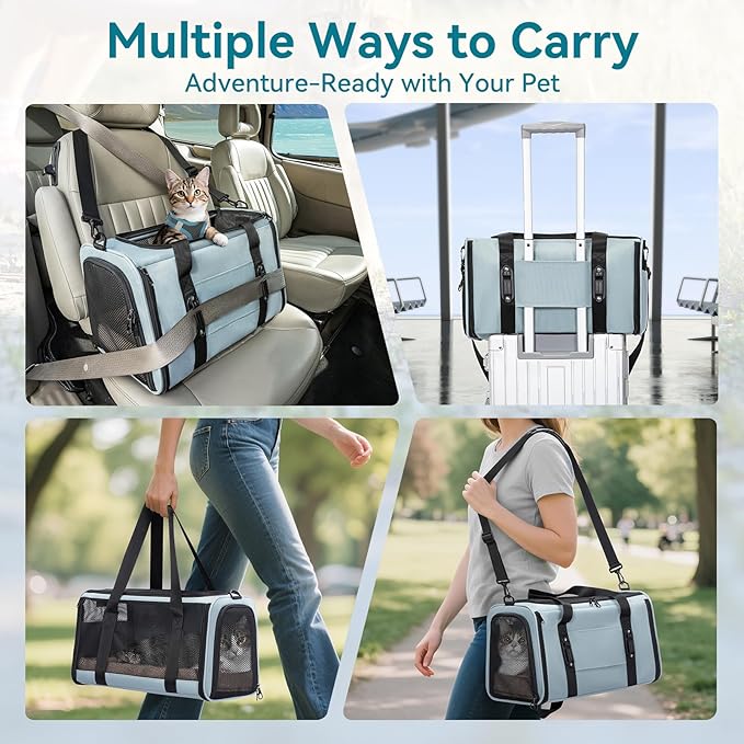 Petsfit Pet Carrier for Large and Medium Cats, Large Capacity Lightweight Soft-Sided Pet Carrier for Travel, with Adjustable Shoulder Strap, Locking Zipper Head and Washable Fleece Pad,Green