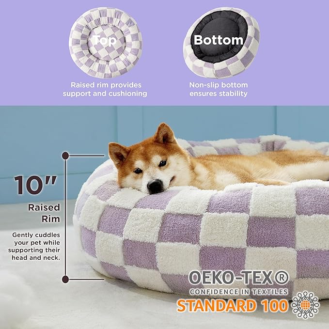LE SURE Donut Large Dog Bed - Round Cat Beds for Indoor Anti-Anxiety Calming Pet Beds, Washable Cute Modern Beds with Jacquard Shaggy Plush & Anti Slip Bottom, 36 Inch, Purple