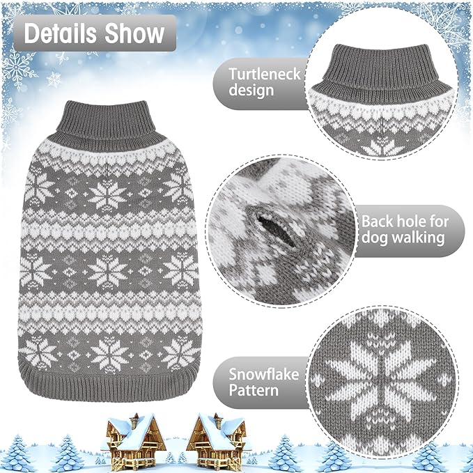 KOOLTAIL Cable Knit Dog Sweater Turtleneck, Cold Weather Pullover Classic Knitwear, Snowflake Pattern Thick Warm Winter Pet Clothes,Dog Christmas Sweater for Small Medium Large Dogs,Grey ML