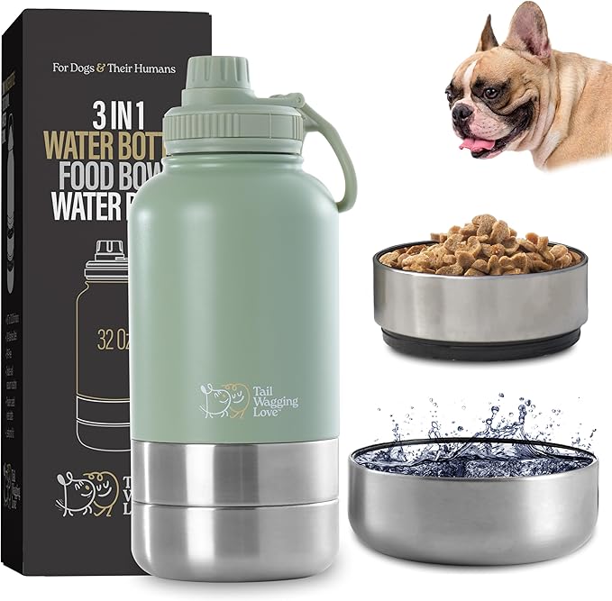 32oz 3-in-1 Portable Travel Water Bottle, Food & Hydration Bottle - Dual Use for Humans & Pets with Detachable Bowls, Stainless Steel, Keeps Water Hot for 6hrs & Cold for 12hrs