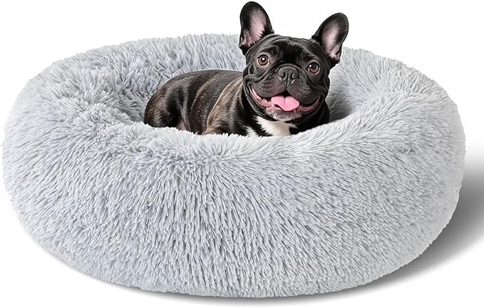 Dog Bed Calming Beds for Small Medium Dogs - Round Donut Washable Dog Bed, Anti-Slip Faux Fur Fluffy Donut Cuddler Anxiety Cat Bed(Light Grey 24")