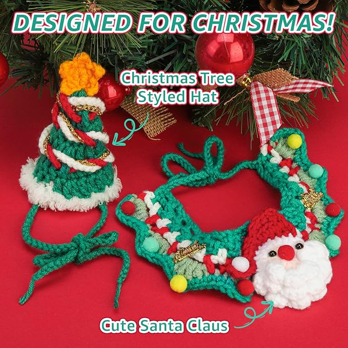 SCENEREAL Christmas Cat Costumes - Cute Knit Santa Claus Christmas Tree Costume for Puppy Dogs Cats, Kitten Collar Hat for Holiday Party, Pet Apparel Xmas Outfit for Small Animal, Dolls