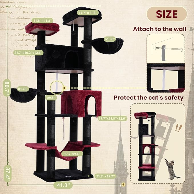 80.7''(205cm) Cat Tree for Indoor Cats, Large Cat Tower for Multi Adult Cats, Cat Tree House with Big Hammock, 2 Top Perches/Cat Condos/Baskets, 8 Scratching Posts, Black(Gothic) GCT034BR