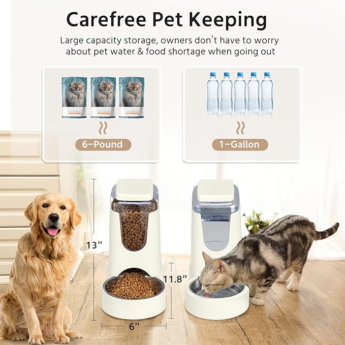 2 Pack Automatic Cat Feeder and Stainless Steel Water Dispenser, Gravity Dog Waterer Set Food Feeder and Waterer Set for Small Medium Kitten Puppy Pets (1 Gallon x 2, Ivory White)