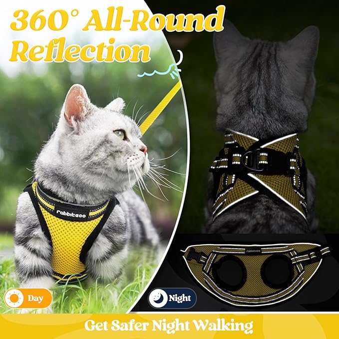 rabbitgoo Cat Harness and Leash Set for Walking Escape Proof, Adjustable Soft Kittens Vest with Reflective Strip for Cats, Comfortable Outdoor Vest, Bright Yellow, M