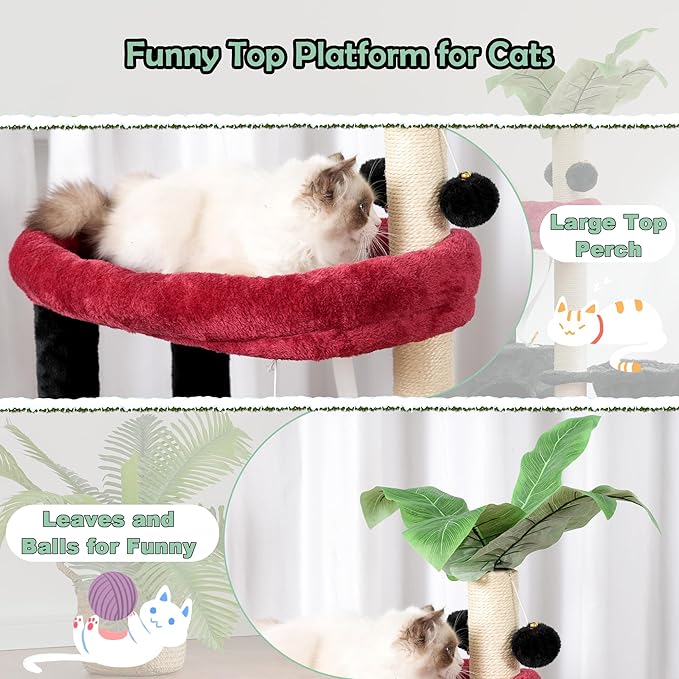 Cat Tree for Indoor Cats Large Adult, Heavy Duty Cat Tower for Big Cats, Cat Tree House with Self Groomer Brush, Big Padded Top Perch, Scratching Post, Hammock, Black and red GCT011MU