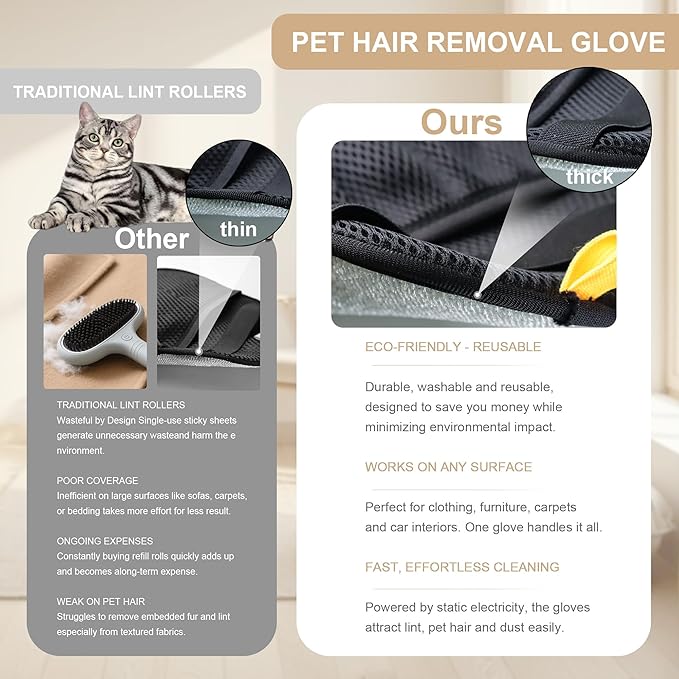 3PCS Pet Hair Removal Glove for Cats, Upgraded Five-Finger Electrostatic Pet Hair Remover Glove, Reusable Magic Brush Pet Hair Removal Tool for Laundry, Couch, Carpet & Car Seat