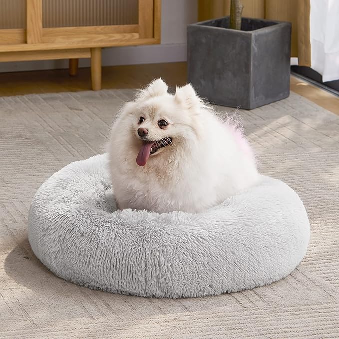 MIXJOY Calming Cat Beds for Indoor Cats, 20'' Kitten Donut Bed for Pet Up to 15lbs, Fluffy Small Cat Cuddler Bed, Anti-Anxiety Plush Faux Fur Large Cat Bed Washable (20'', Grey)