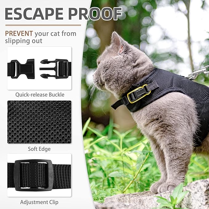 PUPTECK Soft Mesh Cat Vest Harness and Leash Set Puppy Padded Pet Harnesses Escape Proof for Cats Small Dogs Rabbits Bunny, Black Medium