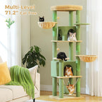 Tall Cactus Cat Tree for Indoor Cats Large Adult, 71.2" Multi-Level Cat Tower with 2 Spacious Condos, 3 Hammocks, Super Large Top Perch, 2 Pompoms, Green