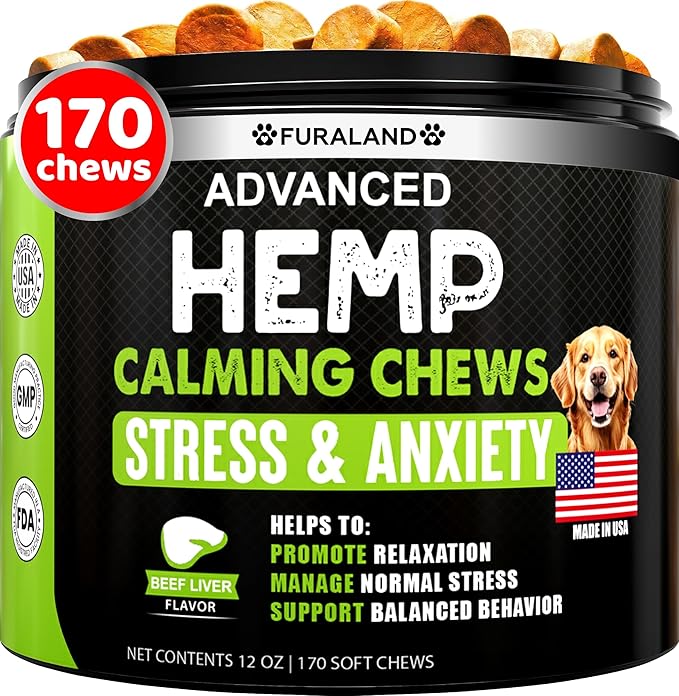 Hemp Calming Chews for Dogs - 170 Dog Calming Chews - Anxiety Relief Treats with Melatonin - Natural Aid for Stress, Separation, Fireworks, Thunder, Barking, Sleep – Pet Supplement - Made in USA