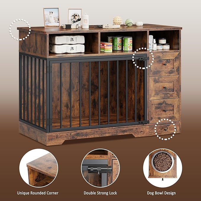 48'' Dog Crate Furniture, Farmhouse Heavy Duty Dog Kennel with Bowl & Storage Drawers, Medium Dog Cage End Table for Small Medium Dogs, Retro Brown
